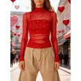 thumbnail image 1 of Camiseta de manga larga transparente para mujer, cuello alto, estampado de corazón, corte ajustado, estilo casual y urbano., 1 of 7
