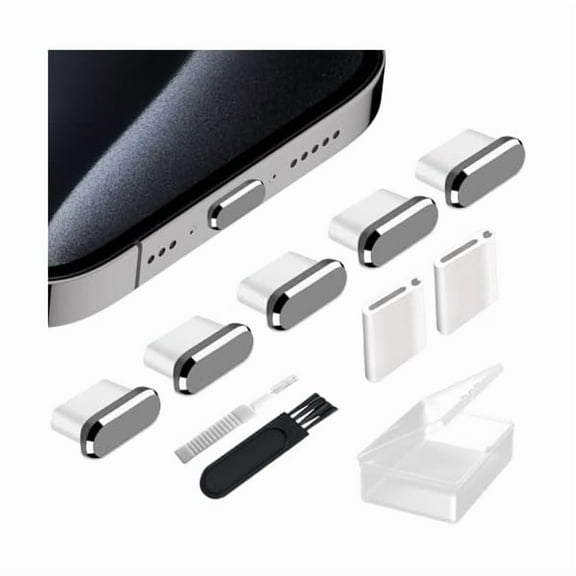 Saluqifa USB C Anti Dust Plugs Compatiable with iPhone 16 15 Pro Max Plus S25 S24 Ultra Pixel Moto, Type C Charging Port Cover 5 Pack Charger Protector Cap with Cleaning Brush Wireless Accessory Gray