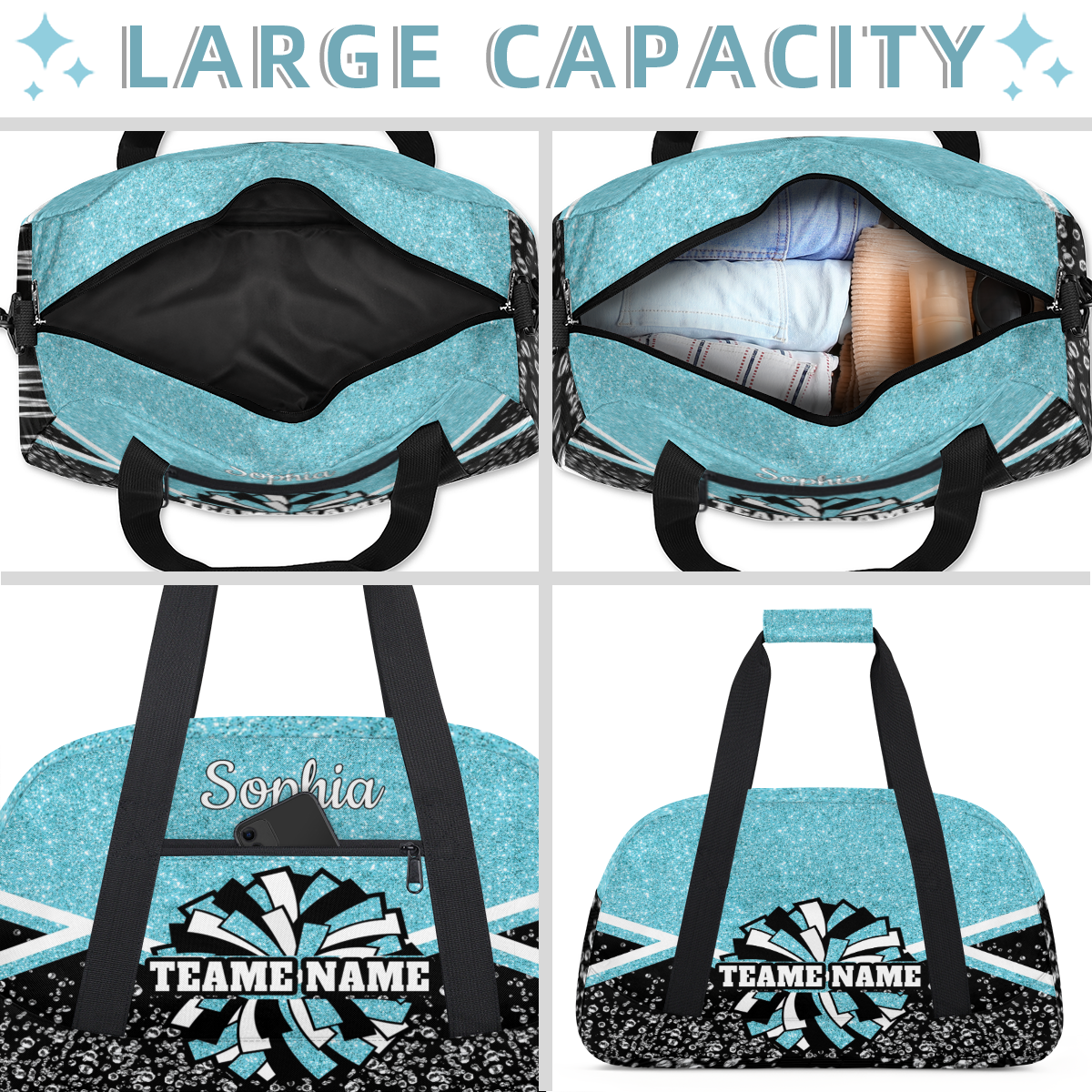 Jiaoprinted Personalized Cheer Bag, Custom Cheerleader Gym Bag Sport Duffel Bag, Customize Travel Overnight Weekender Bags, Cheerleading Gifts, Azure Glitter