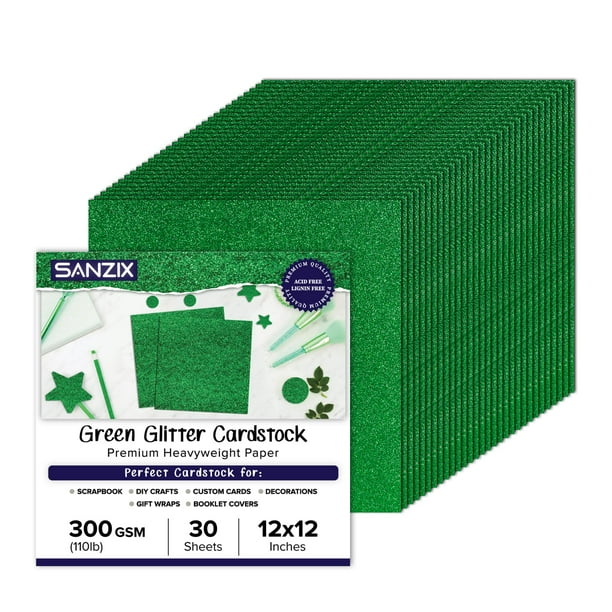 Cartulina con purpurina SANZIX, color verde, 300 g/m², 12 x 12, 30 hojas