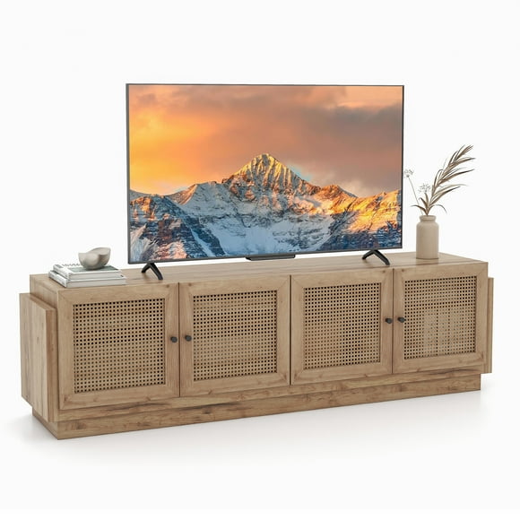 Gymax 4-Door PE Rattan Media Console Table Farmhouse TV Stand for TVs up to 75'' Oak