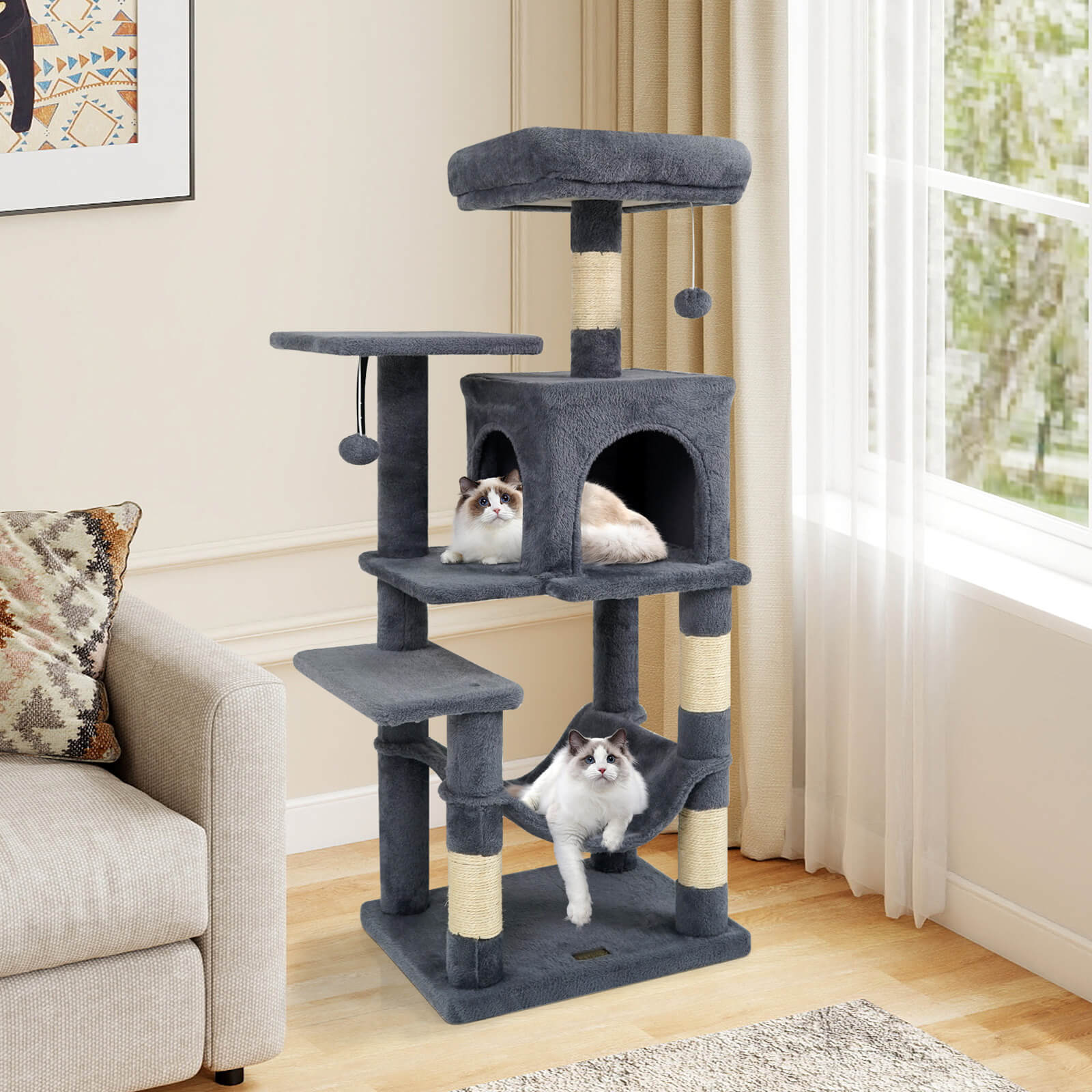 Costway 44” Tall Multi-level Cat Tree with Cushion Top Perch, 2-Entrance Large Cat Condo Dark Gray