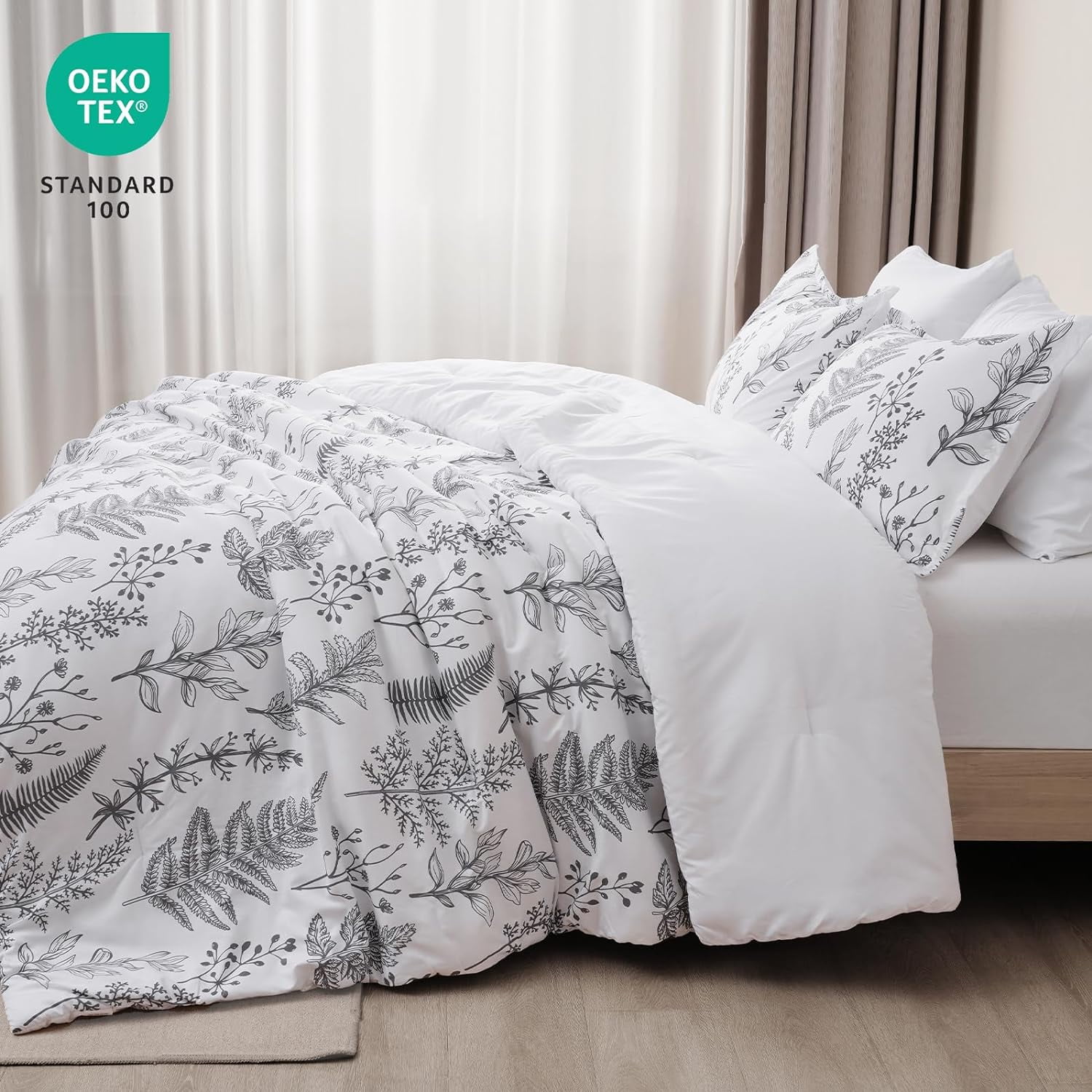 PHF 5 Pieces Printed Twin Comforter Set, Lightweight Reversible Botanical Bedding Set Include Comforter, Pillow Sham, Flat Sheet, Fitted Sheet and Pillowcase, White