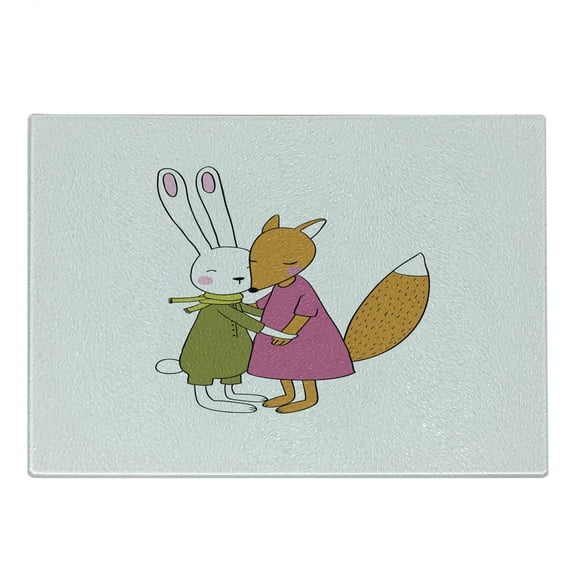 Animal Cutting Board, Fox and Hare Friendly Forest Wildlife Characters Hugging Each Other, Decorative Tempered Glass Cutting and Serving Board, Small Size, Pink Amber Olive Green, by Ambesonne