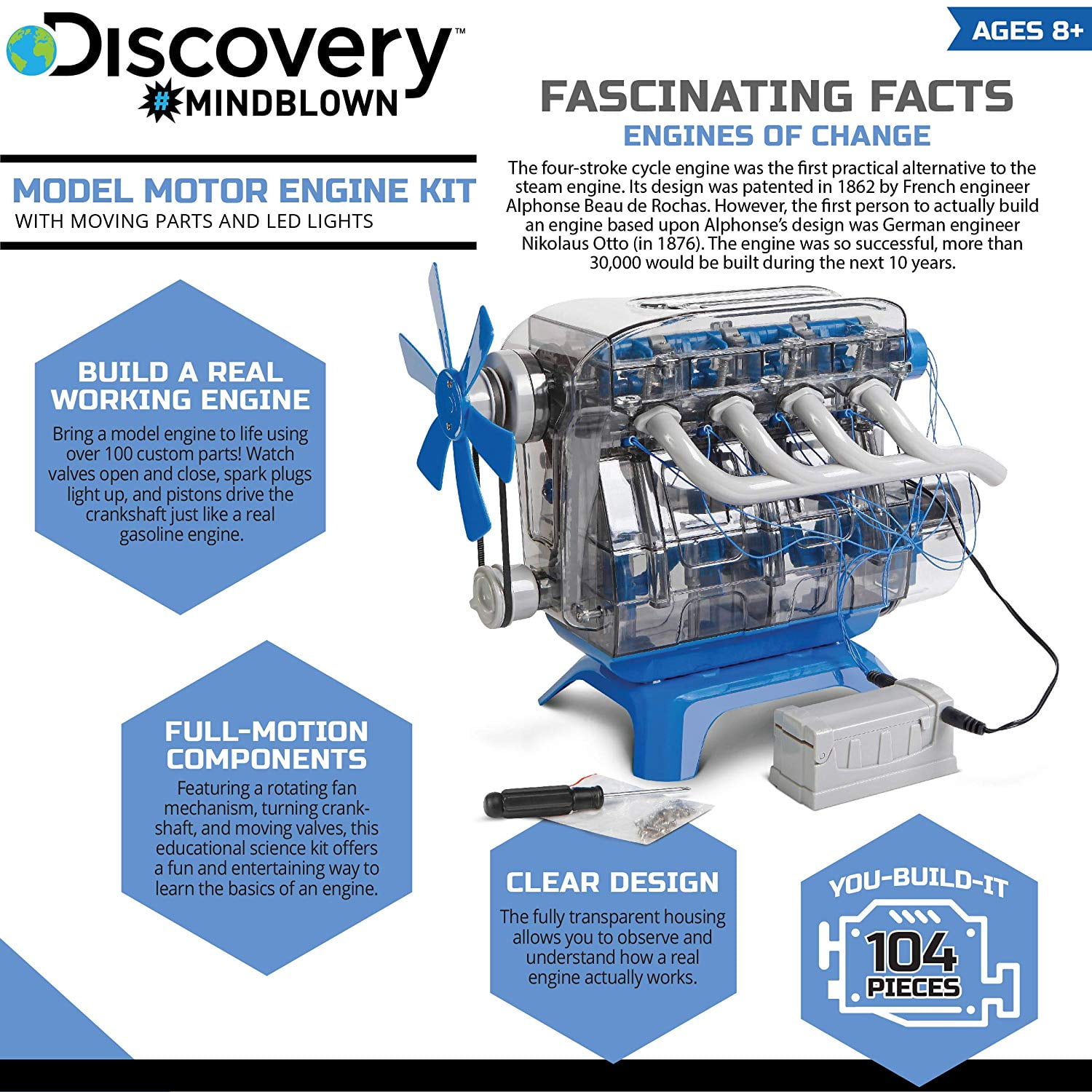 NEW 104-Piece Kit DISCOVERY MINDBLOWN Model Motor Engine Kit STEM Ages 8 