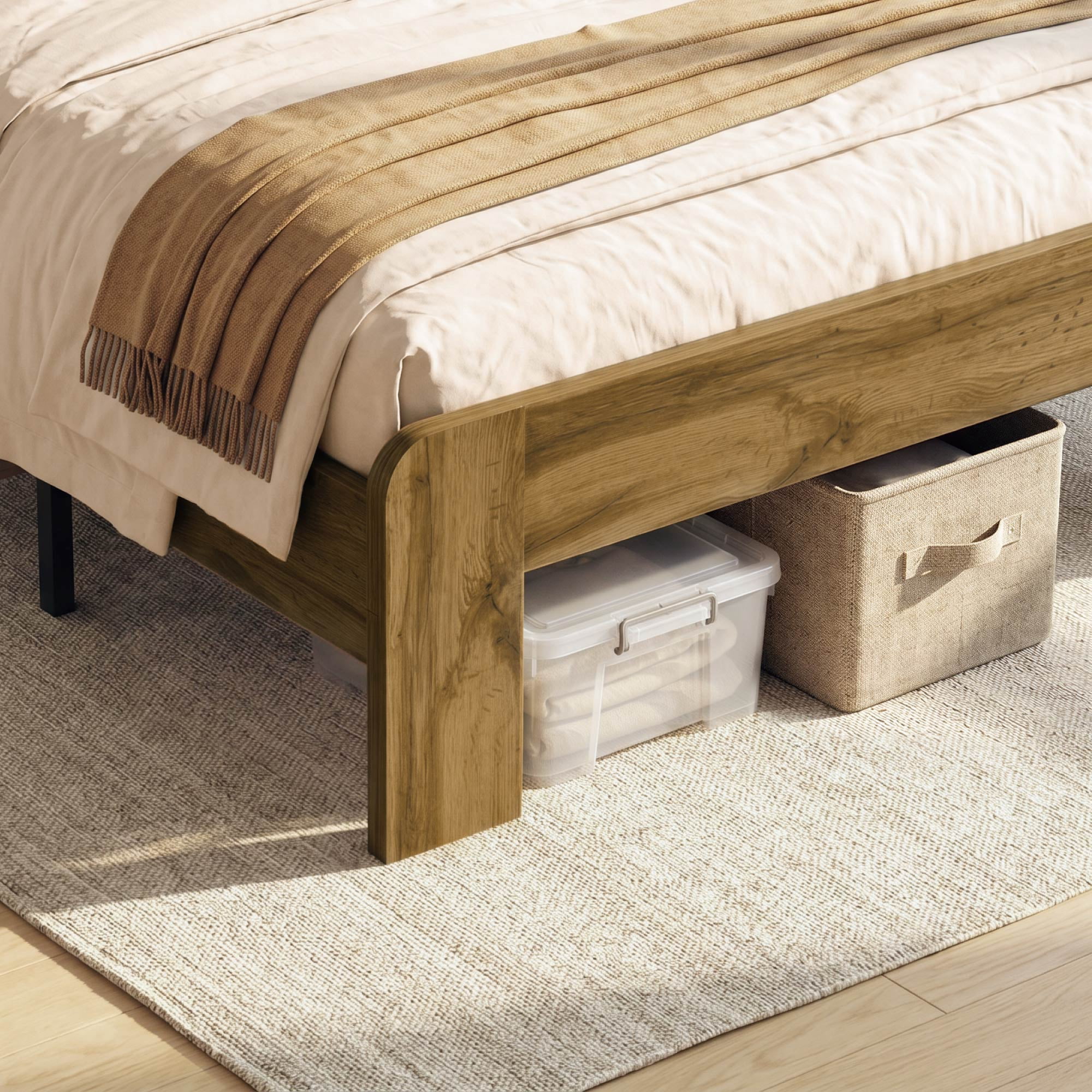 Spruce & Spring Modern Wood King Bed Frame with LED Lights, Storage Headboard & Charging Station, Noise-Free, No Box Spring Required, Easy Assembly, Nature