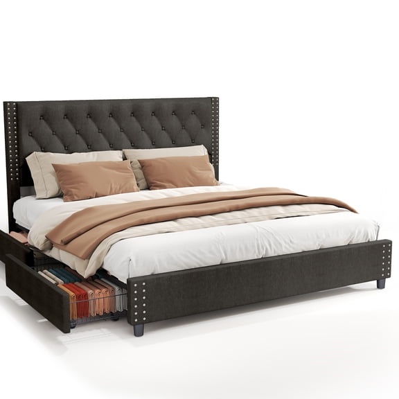 Metal Bed Frame with Headboard, Sturdy Metal Support 4 Storage Drawers Modern Faux Leather Upholstery for Home Bedroom