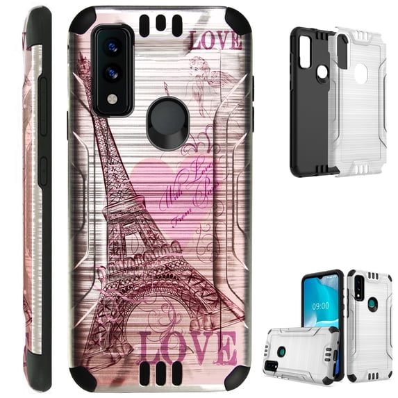 Compatible with AT&T Maestro 3 Brushed Metal Texture Hybrid Silver Guard Phone Case Cover (Eiffel Tower Love)