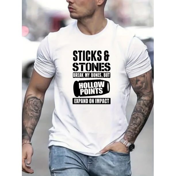 Sticks & Stones Slogan Pattern Print Men's Comfy T-shirt, Graphic Tee Men's Summer Clothes, Men's Clothing