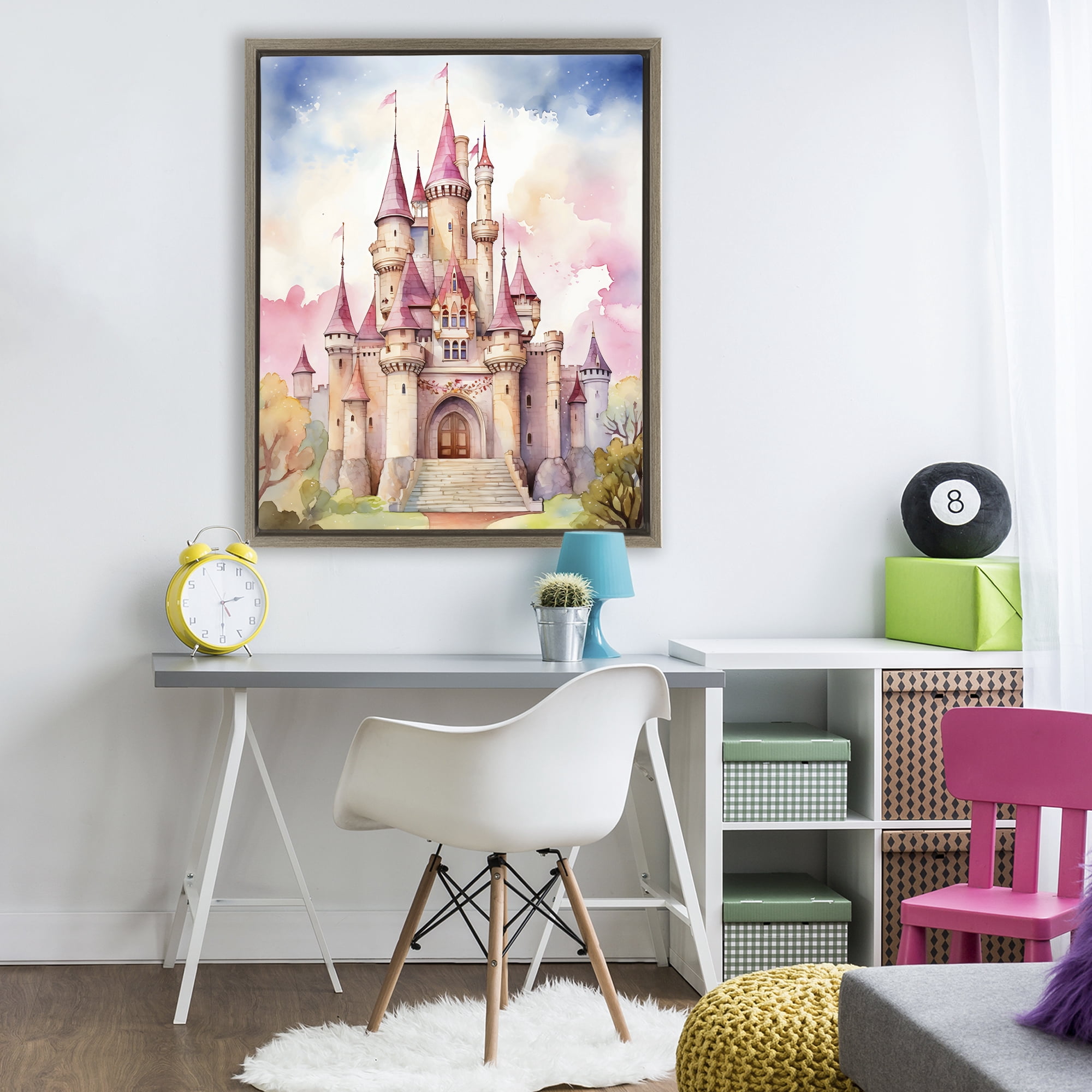 Stupell Industries Princess Castle Watercolor Portrait Brown Framed Floater Canvas Wall Art, design by Creative Studio