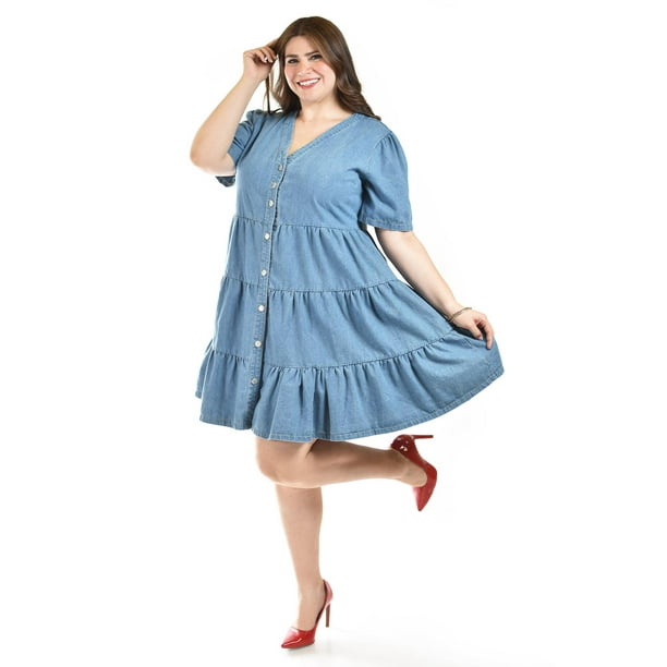 Vestido de mezclilla con botones Roman Fashion /Tallas Extras, 3831 (Mezclilla medio) azul 38