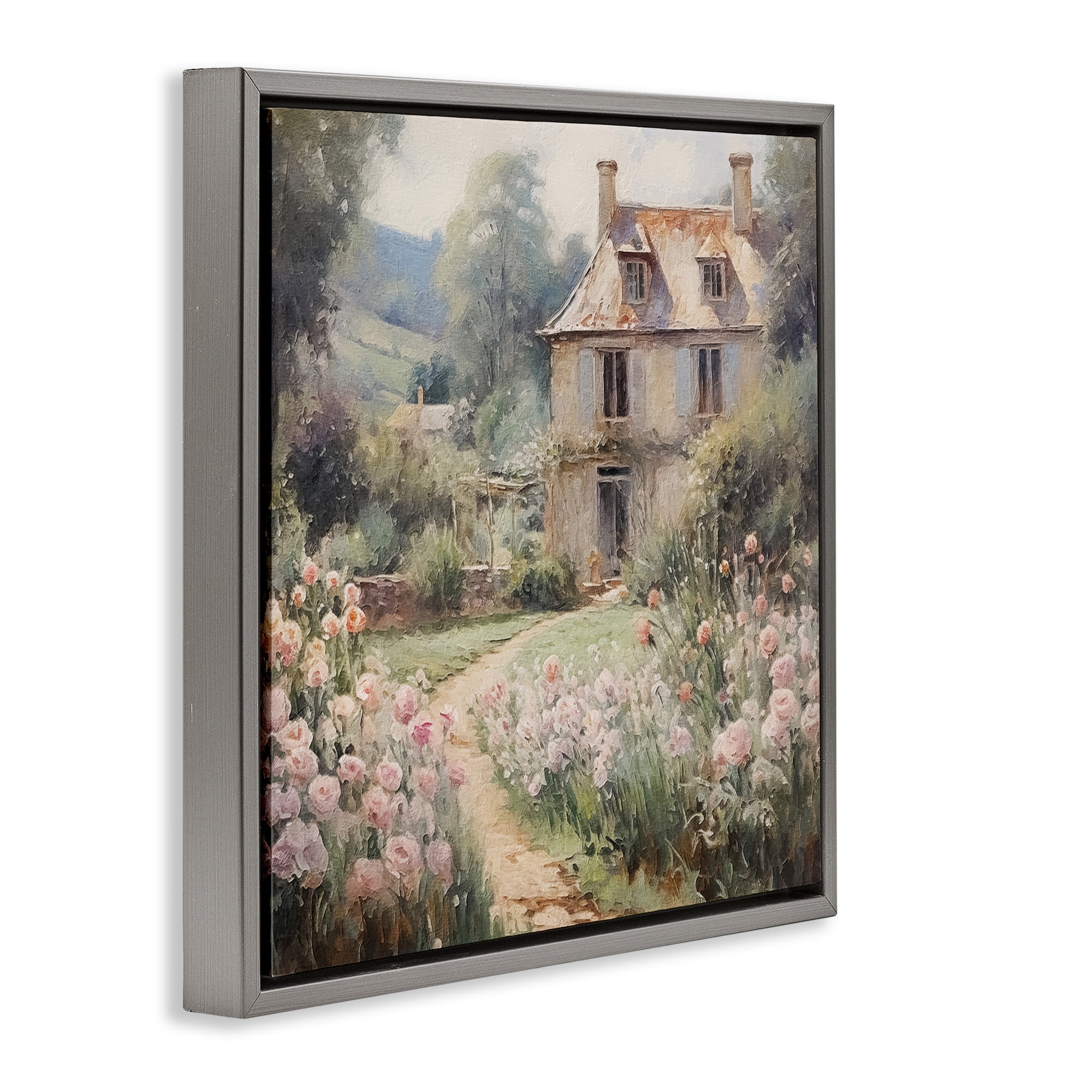 Stupell Industries French Garden Cottage Landscape Painting Gray Floater Framed Canvas Art Print Wall Art, 25 x 25