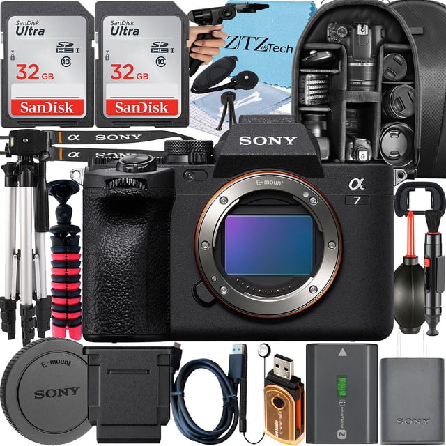 Sony a7 IV Mirrorless Camera + Tripod + 2 Pack 32GB Memory Card + Backpack + ZeeTech Accessory Bundle