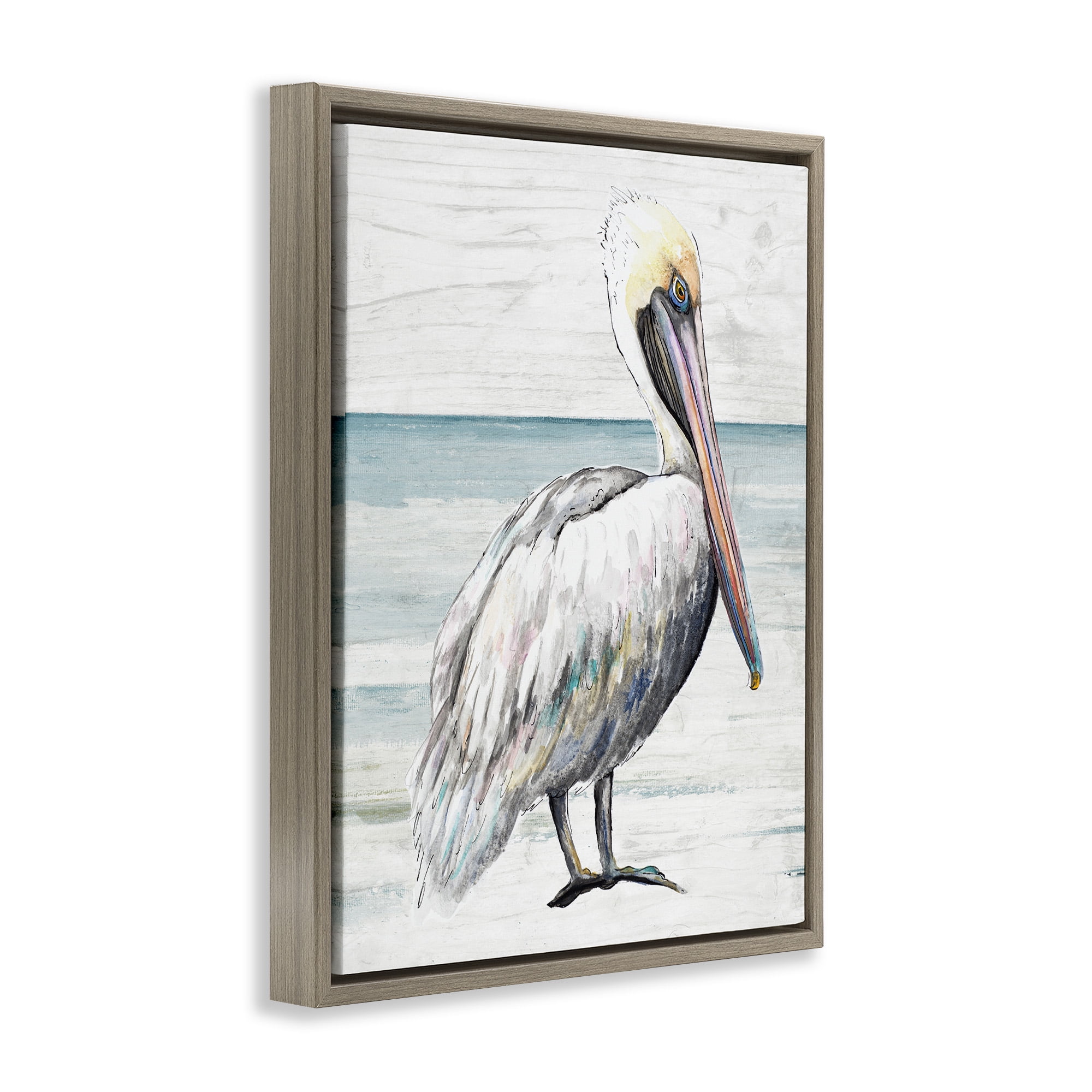 Stupell Industries Rustic Pelican on Shoreline Animals & Insects Painting Brown Floater Framed Canvas Art Print Wall Art, 25 x 31