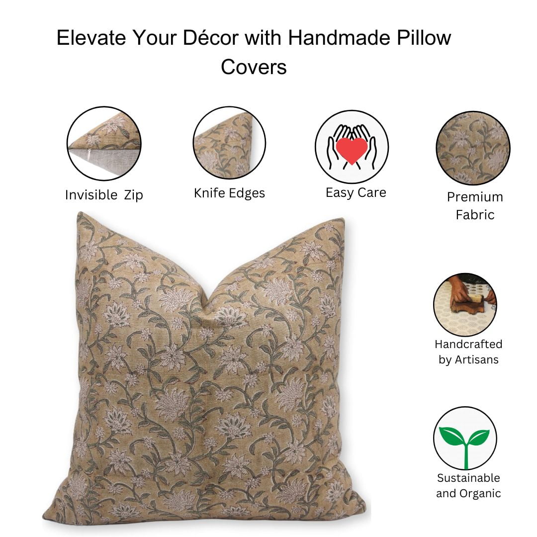 Fabdivine Block Print Throw Pillow Cover, 20x20 InchThick Linen Decorative Pillowcase, Floral Boho Design Brown Pillow Cover for Sofa And Couch
