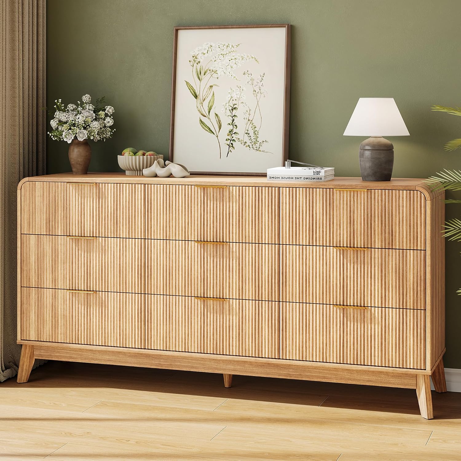 Akaber Modern Dresser, Fluted 9-Drawer Chest of Drawers for Bedroom, 48" Wide Handleless Wooden Dresser TV Stand for Living Room Entryway
