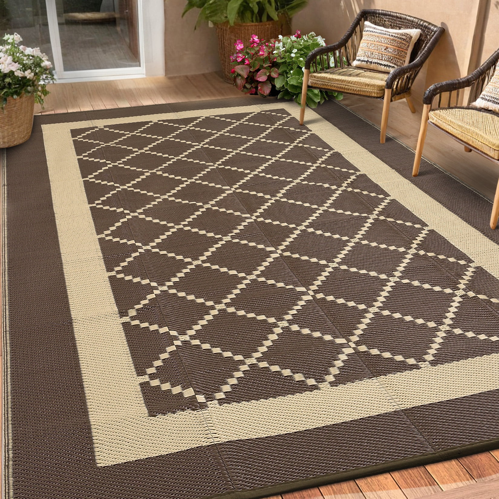 Hasoo 9' x 12' Brown Outdoor Rug for Patio Decor Waterproof Plastic Straw Modern Geometric Bordered Carpet PP Tube Woven Portable Camping Mat for Picnic Balcony