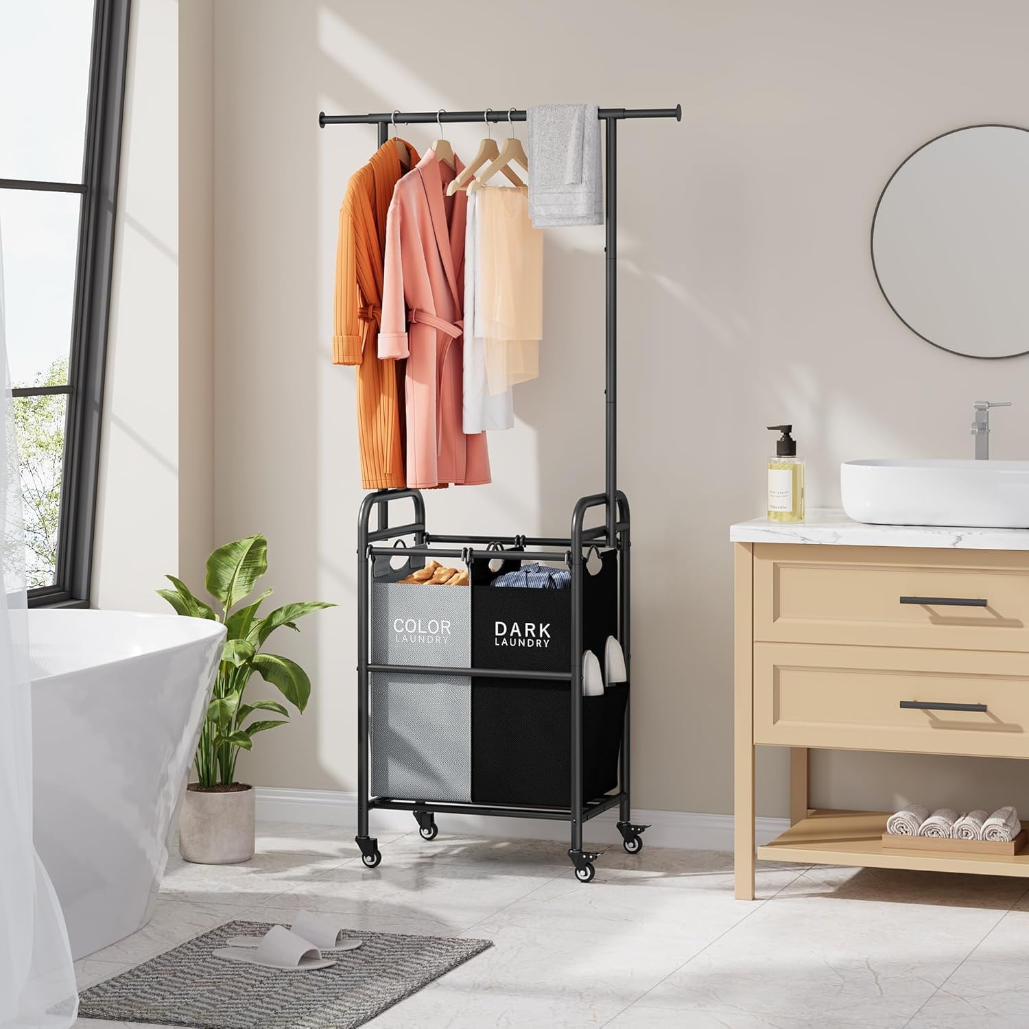 Laundry Sorter with Hanging Rack, 2 Section Rolling Laundry Hamper with Lockable Wheels and Removable Bag