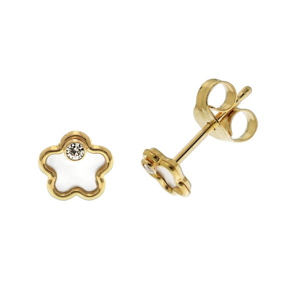 Pretty 9k Gold Women Stud Earrings with Mother of Pearl, Cubic Zirconia/CZ