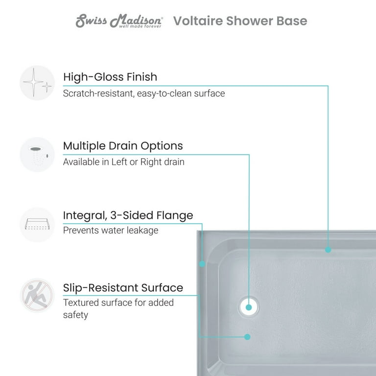 Swiss Madison Aquatique 60 x 32 Single Threshold Shower Base with Right Hand Drain and Integral Left Hand Seat in White