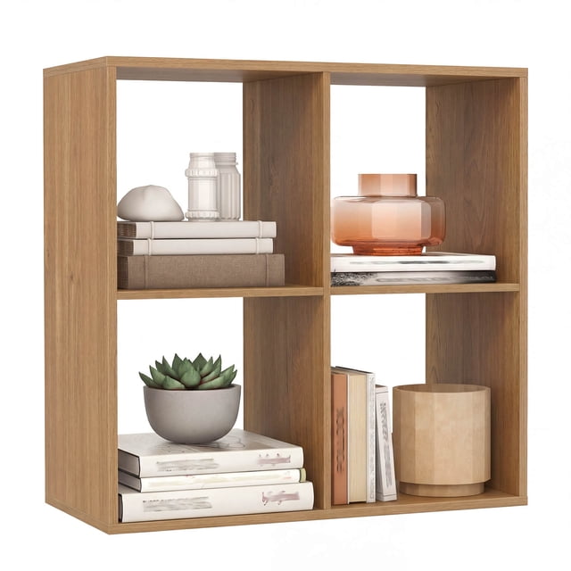 Costway 4-Cube Bookshelf, Modern Cubby Bookcase with Back Guardrail & Anti-tipping Kits Natural