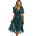 thumbnail image 5 of Women's Summer Floral Boho Dress Wrap V Neck Short Sleeve Chiffon Tie Waist Ruffle A-Line Flowy Maxi Wedding Guest Dresses Dark Green L, 5 of 7