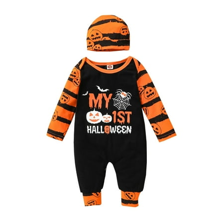 

Baby Girls Romper Boys Girls Pumpkin Printed Romper Jumpsuit+Hat Outfits For 6-9 Months