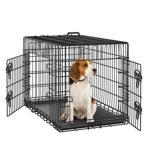 36in Double Door Metal Dog Crate, Indoor Pet Kennel with Divider for Puppy Training, Portable Folding Cage for Medium Dogs 40-70 lbs, Travel Crate with Handle, Black