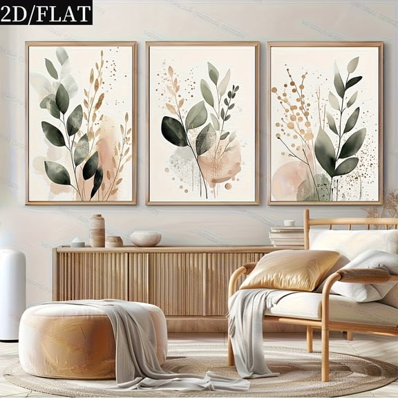 3pcs Modern Minimalist Leaf Print Canvas Art Prints - Frameless, Large Wall Decor for Living Room, Bedroom, Office - Vibrant Green & Beige Leaf Design, Perfect for Fall & Summer, Ideal Holiday Gift,