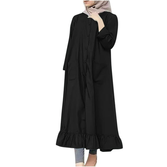Women Dress Long Sleeve Solid Color Ruffle Casual Loose Large Size Pocket Round Neck Button Dress