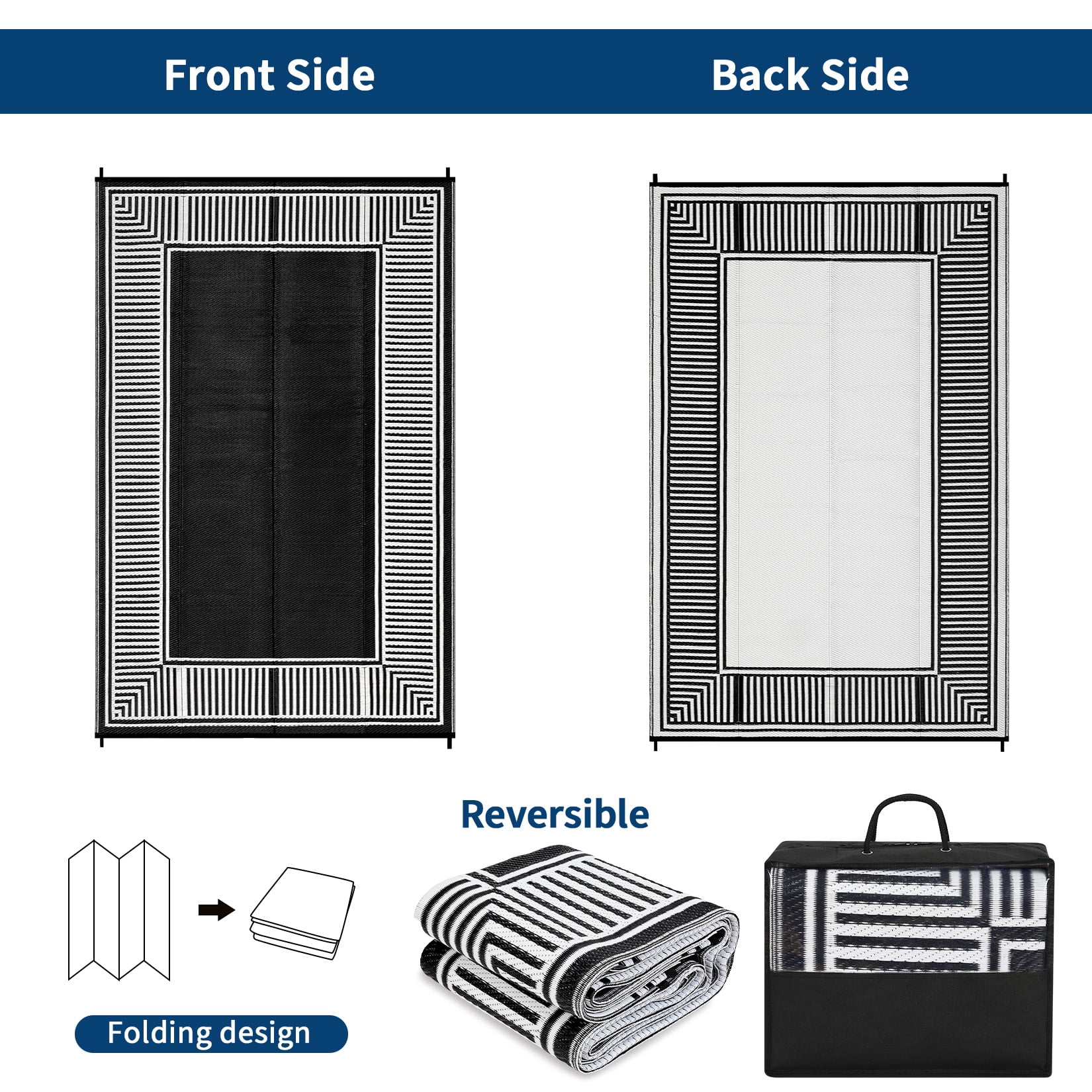 Garvee 8'x10' Waterproof Outdoor Area Rug Reversible Plastic Geometric Bordered Patio Mat UV-Protected for Deck, Backyard, RV and Camping, Black