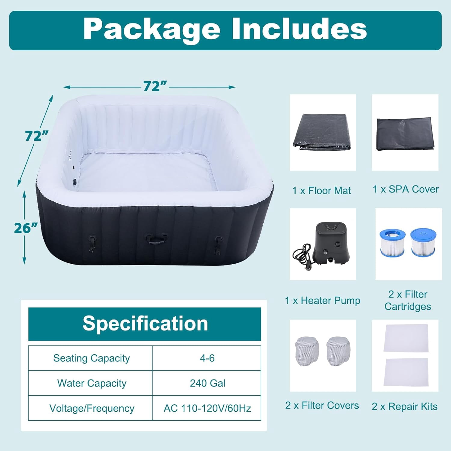 73" X 73" X 25" Inflatable Hot Tub for 4-6 Person Square, 240 Gallon Large Portable Hottub Spa with 130 Bubble Air Jets, Blow Up Spa Bathtub with LED Control Panel, 2 Filter, Temperature up to 104°F