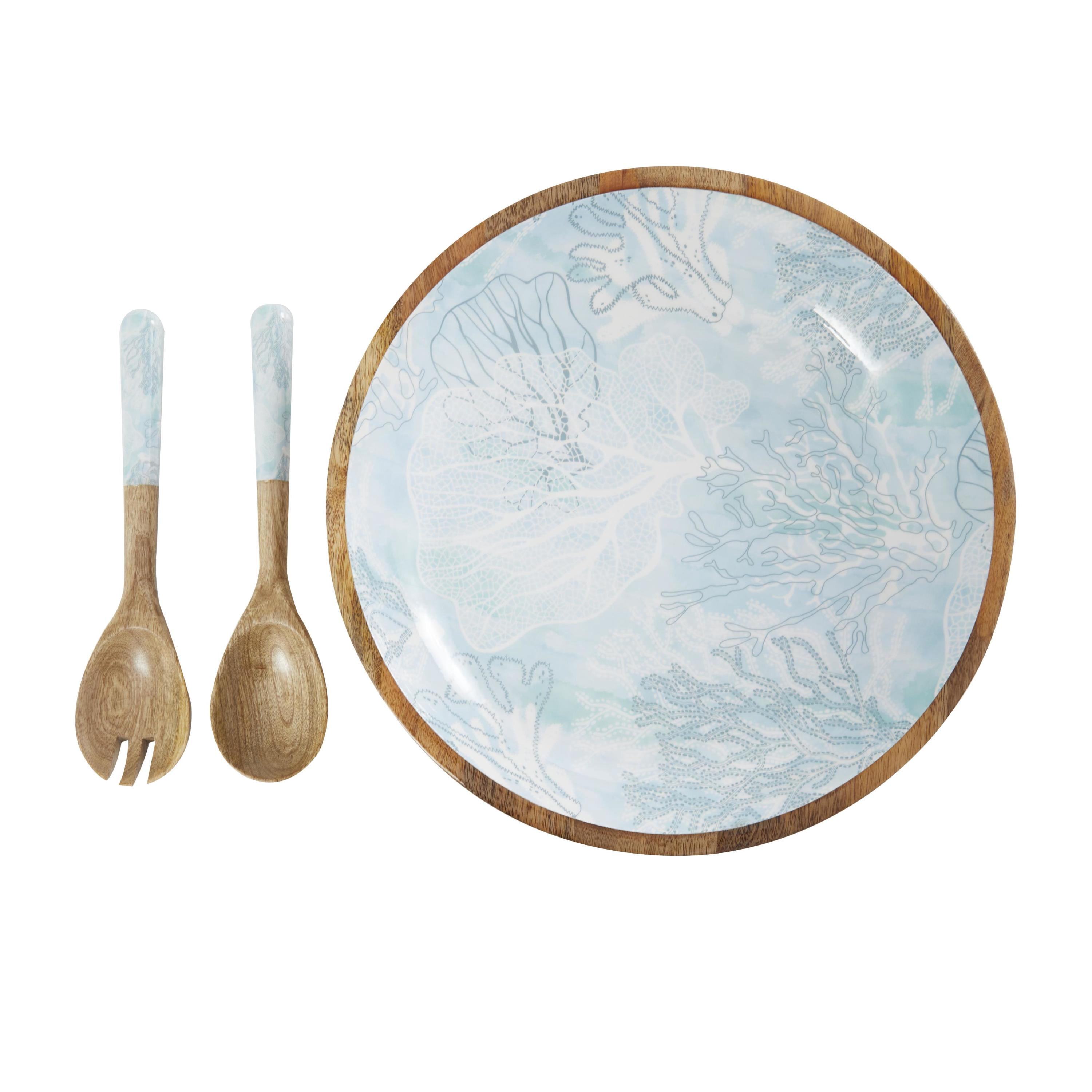 DecMode 15", 11", 11"W Handmade Round Light Blue Mango Wood Decorative Bowl with Matching Salad Serving Utensils, Set of 3