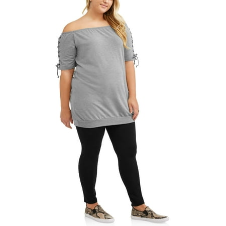 Juniors' Plus Short Sleeve Lace Up Off Shoulder Sweatshirt Dress