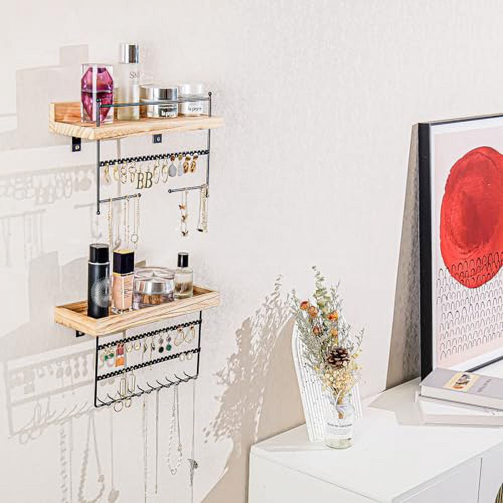 Lolalet Wall Mounted Jewelry Organizer, Set of 2 Hanging Shelves Jewelry Holder Display for Earrings Bracelet Necklace Perfume Lipstick Ring, Women Girls Bedroom Jewelry Storage Rack -Black