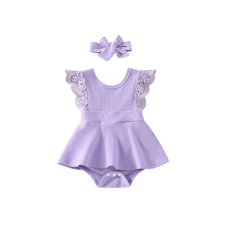 

2pcs Summer Baby Girls Romper Dress Headband Knitted Lace Fly Sleeve Solid Ruffles Jumpsuits