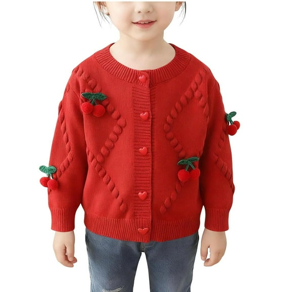 IVEYRTF Kids Girls Cherry Jacquard Cardigan Sweater Long Sleeve Cozy Fall Winter Sweet Cute Plush Cover-up Tops Everyday Wear for Children 2-8 Years(Red,4 Years)