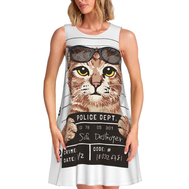Disketp Cat Holding Mugshot Sign para Vestido sin Mangas para Mujeres, Vestidos de Verano para Mujeres, Casual y Holgado para la Playa