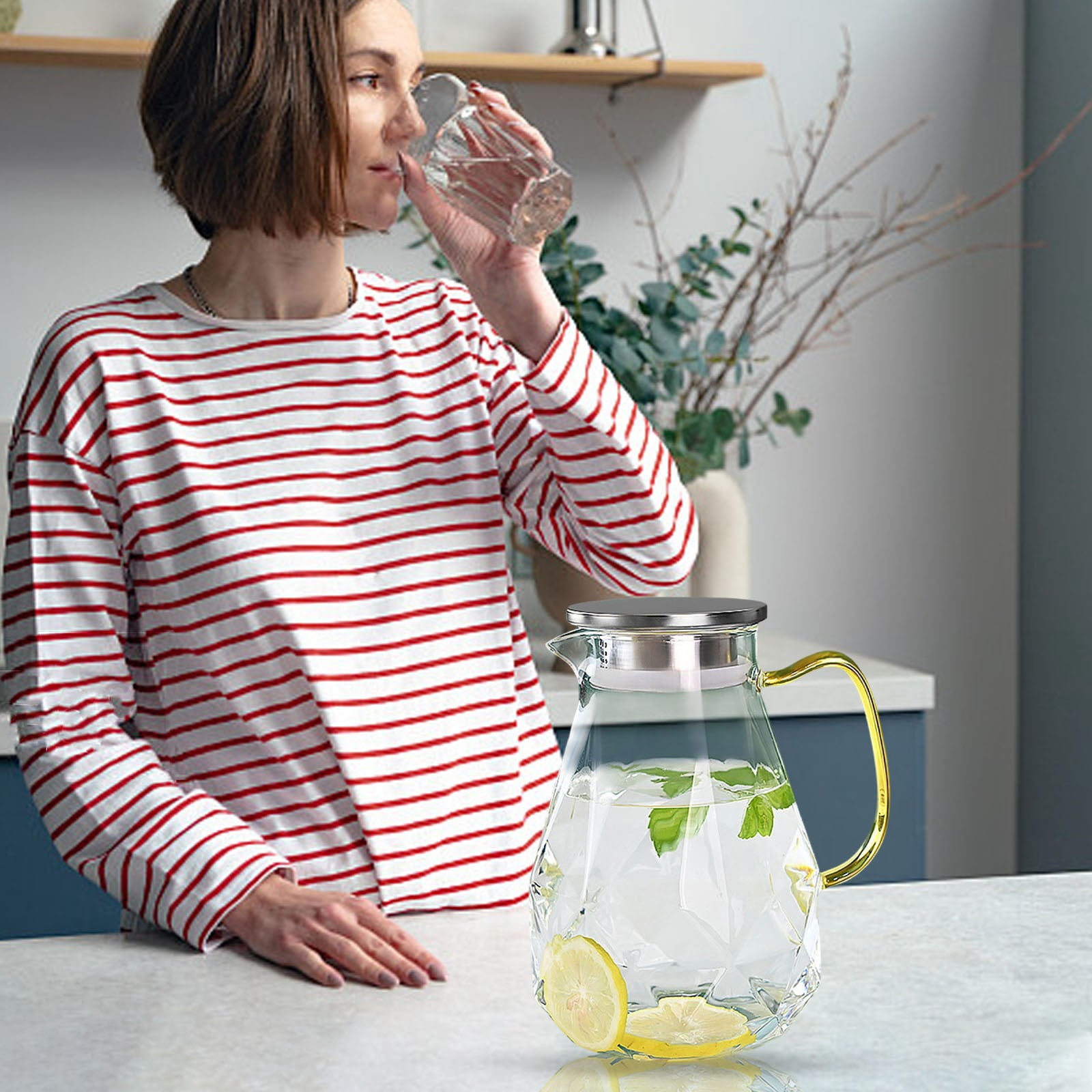 Thickened Large-Capacity Diamond Glass Water Bottle with Stainless Steel Lid - Safe, Durable Design for Hydration and Stylish Serving