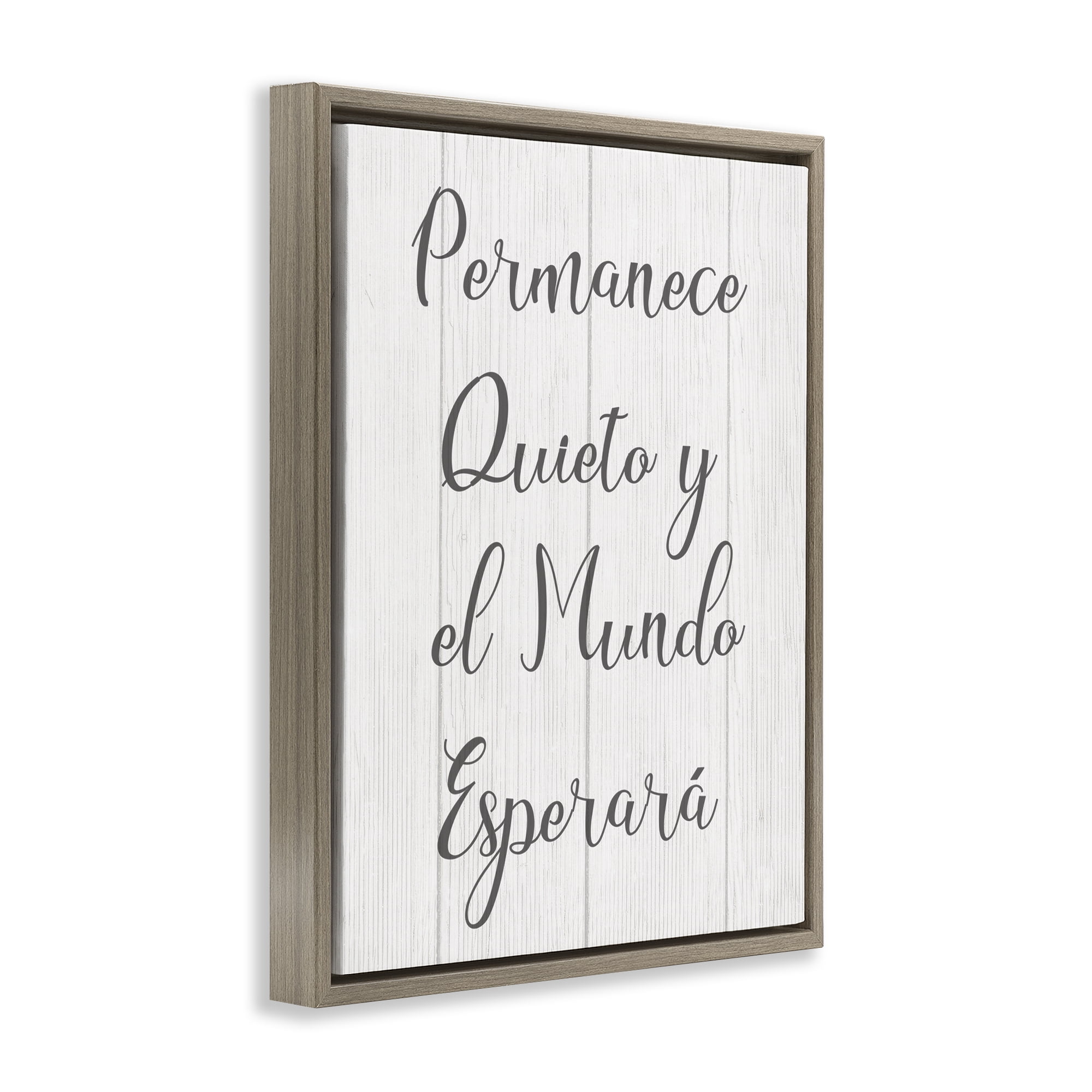 Stupell Industries Permanece en Quietud Inspirational Quotes & Sayings Painting Brown Floater Framed Art Print Wall Art, 25 x 31