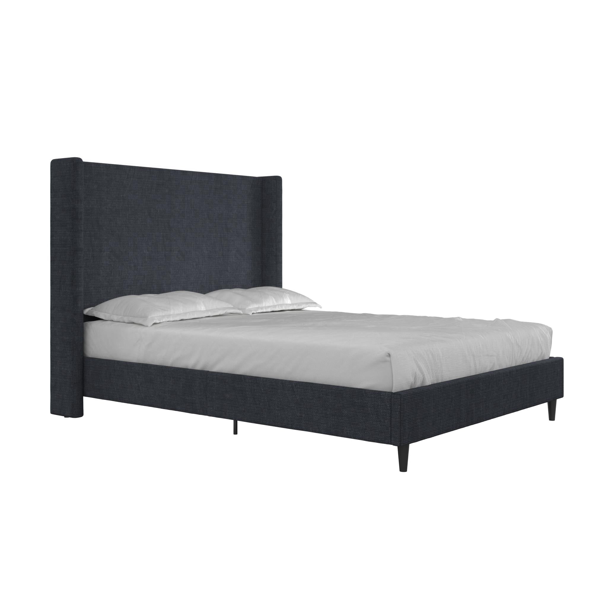 DHP Eveline Upholstered Platform Bed Frame with High Wingback Headboard, Queen, Textured Dark Blue Canvas