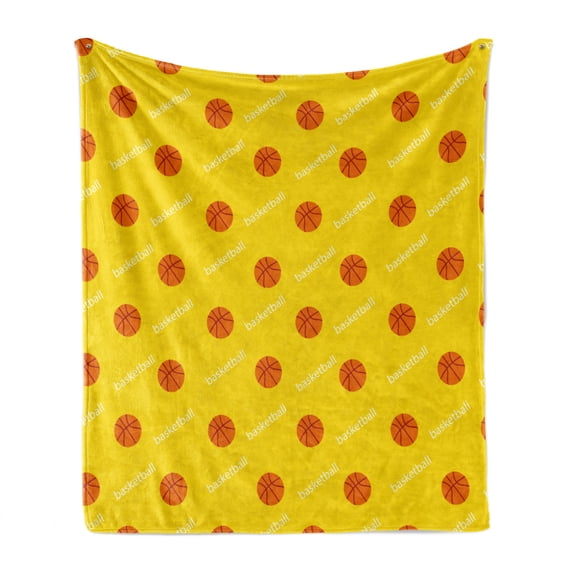 Basketball Soft Flannel Fleece Throw Blanket, Athletics League Theme Balls on Yellow Backdrop Goal Fun Game Match, Cozy Plush for Indoor and Outdoor Use, 50" x 60", Yellow Orange White, by Ambesonne