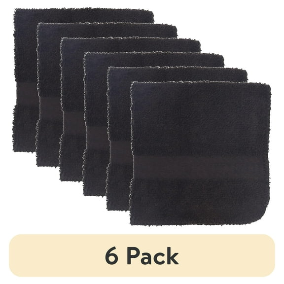 (6 pack) Mainstays Basic Washcloth, Soft 100% Cotton and Highly Absorbent Washcloth, Black