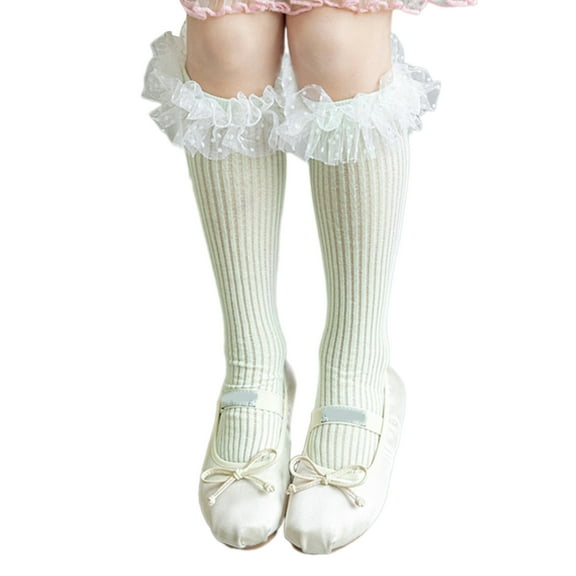 RUISINERY Elegant Lace Trim Under Knee Cotton Socks for Girls 3-13 Years Party Occasion Lightweight Kids Calf Length Socks