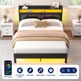 thumbnail image 3 of Greenstell Queen Size Bed Frame with Charging Station, LED Lights, Upholstered Headboard & Storage Shelves, No Box Spring Needed, Noise-Free, Black, 3 of 7