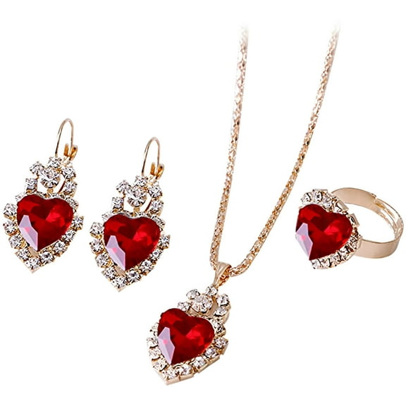 DESIGNICE Fall Heart Pendant Necklace Earrings Jewelry Set for Women, Classic Crystal Cubic Zirconia Studs Earrings Pendant Necklace Rings Jewelry Gifts