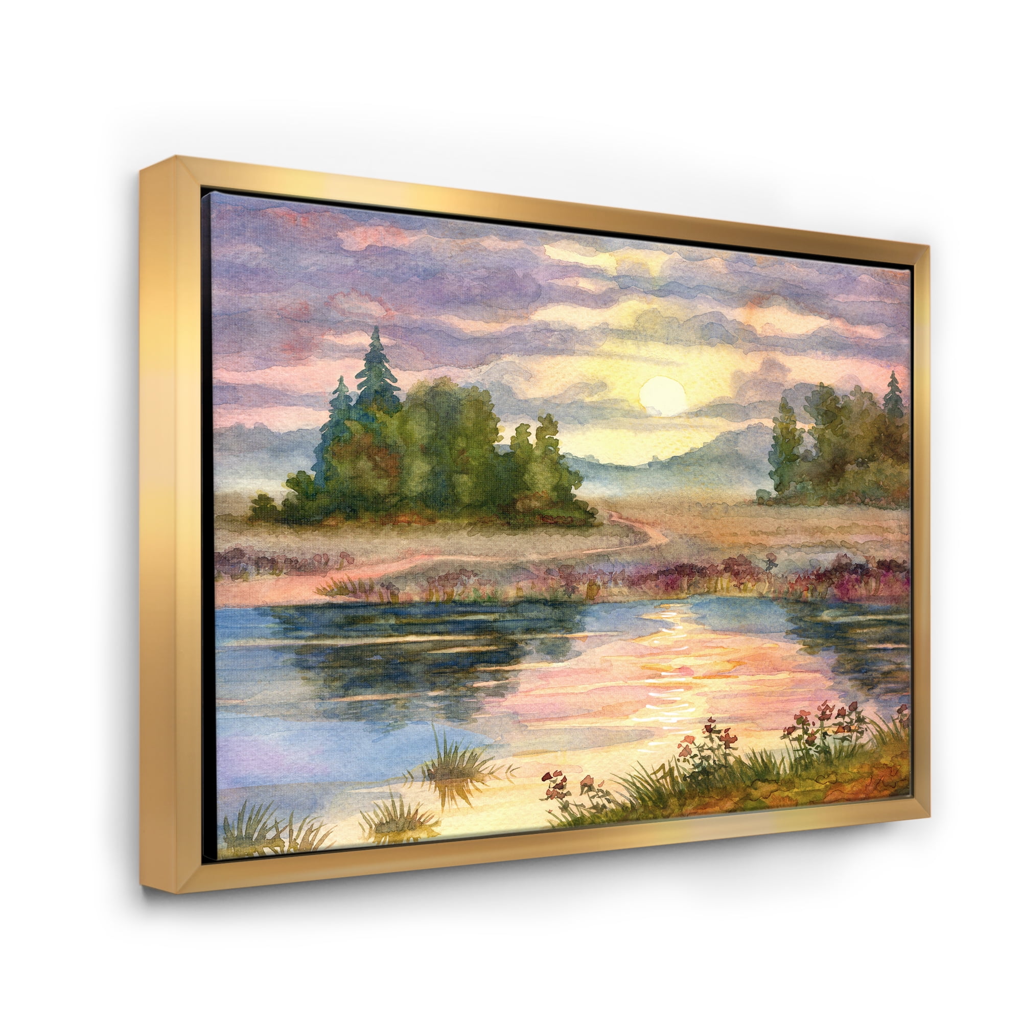 The Rural Lake In Sunset Evening I 20 in x 12 in Framed Painting Canvas Art Print, by Designart