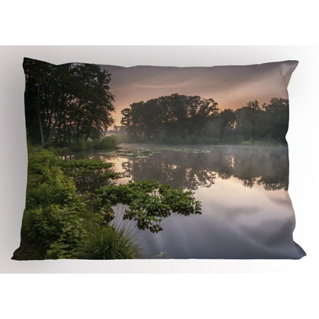 - Forest Pillow Sham Lake in Natura Reserve Springendal Netherlands Foggy Morning in Woods Ecology, Decorative Standard Queen Size Printed Pillowcase, 30 X 20 Inches, Green Purplegrey, by Ambesonne