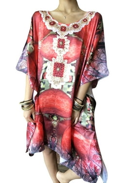 Mogul Women Short Kaftan, Soft Red Bohemian Jewel Printed Kimono Beach Cover Up Summer Caftan 3XL