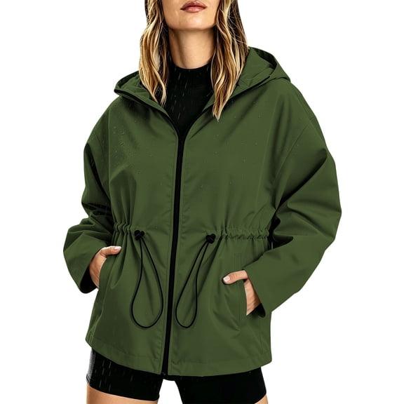 Edvintorg Waterproof Rain Jacket Women Long Sleeve Zip Up Raincoat Waterproof Hooded Windbreaker with Pocket Plus Size Womens Clothes Army Green XXXL